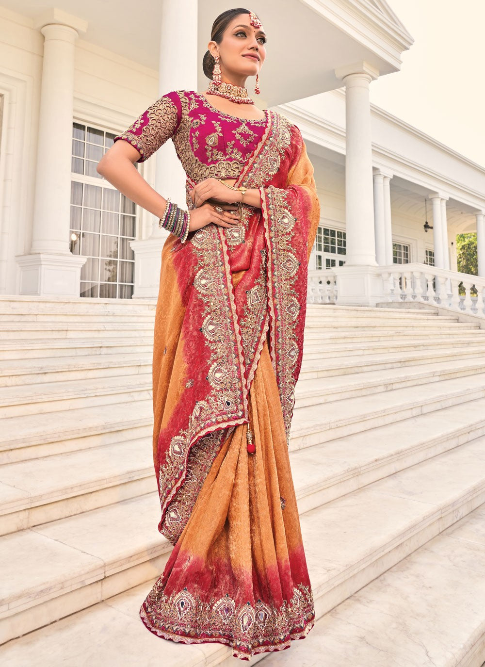 Embroidered Crepe Jacquard Rust Saree S14303