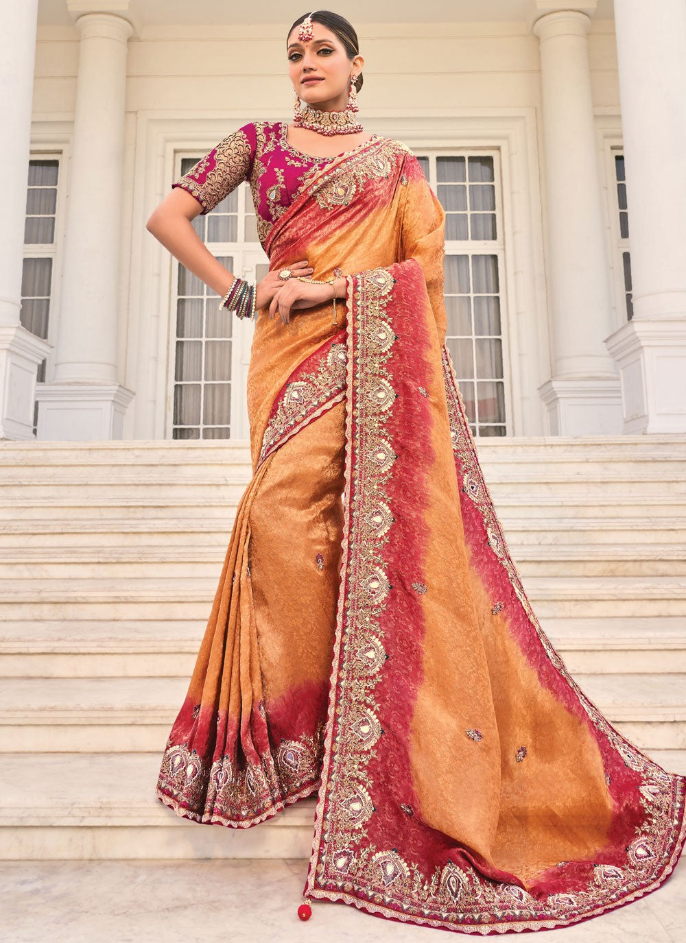 Embroidered Crepe Jacquard Rust Saree S14303