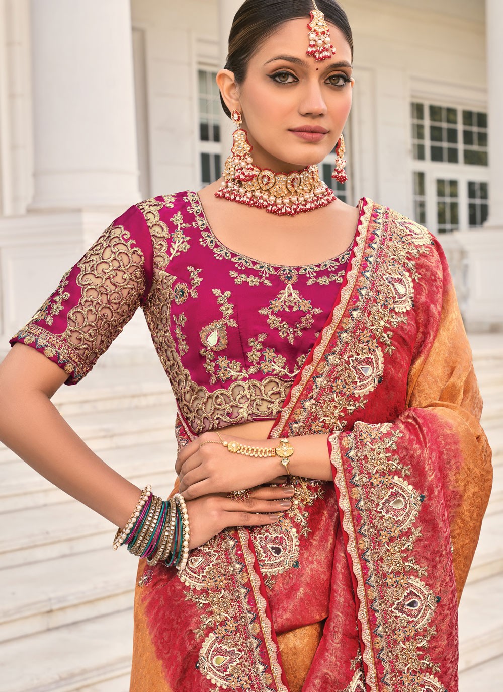 Embroidered Crepe Jacquard Rust Saree S14303