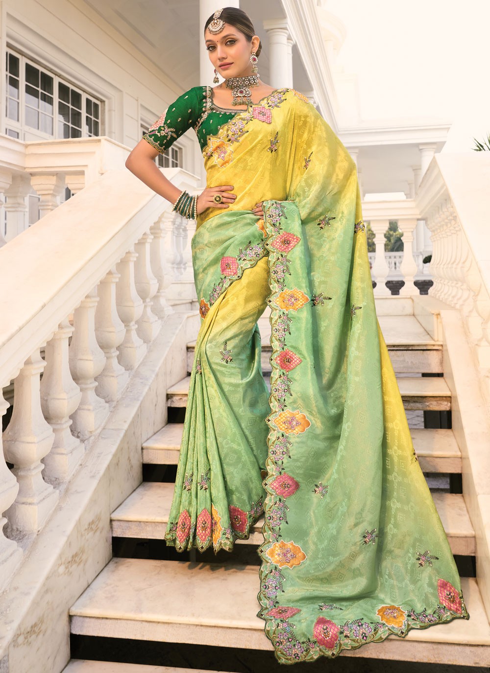 Cut Work Crepe Jacquard Green Saree S14302