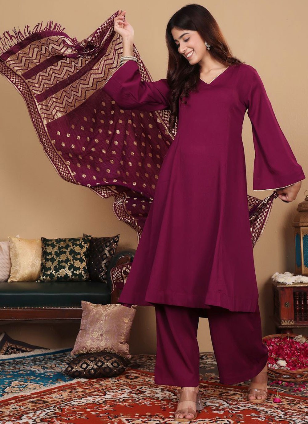 Anarkali Plain Purple Crepe Silk T5539