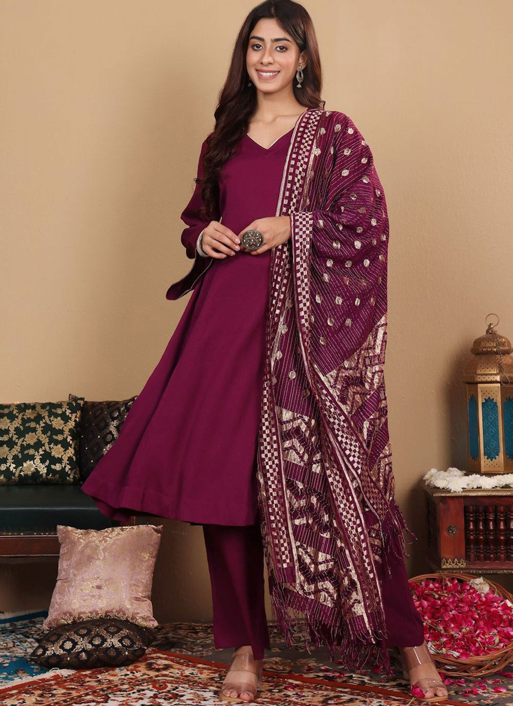 Anarkali Plain Purple Crepe Silk T5539
