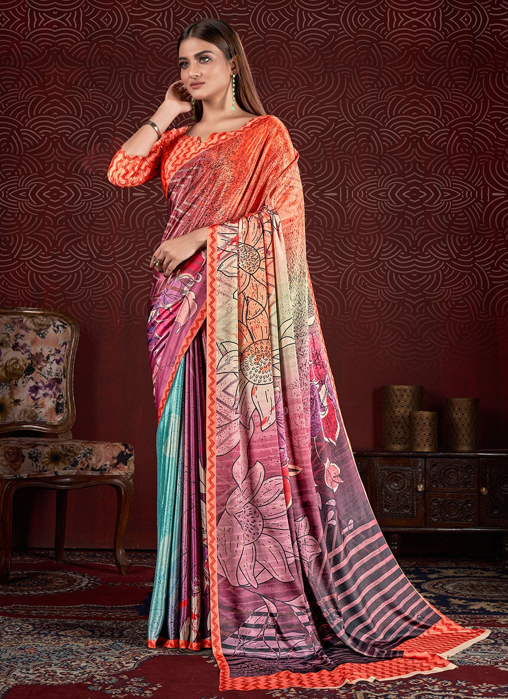 Classic Digital Print Crepe Silk Saree - S7015