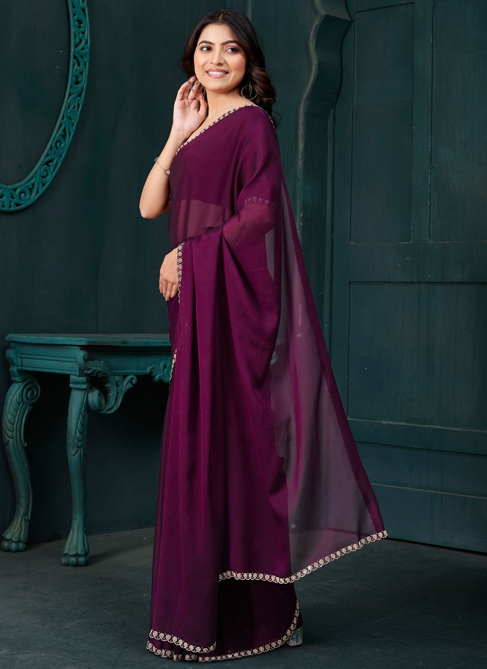 Swarovski Crepe Silk Purple Classic Saree S14892