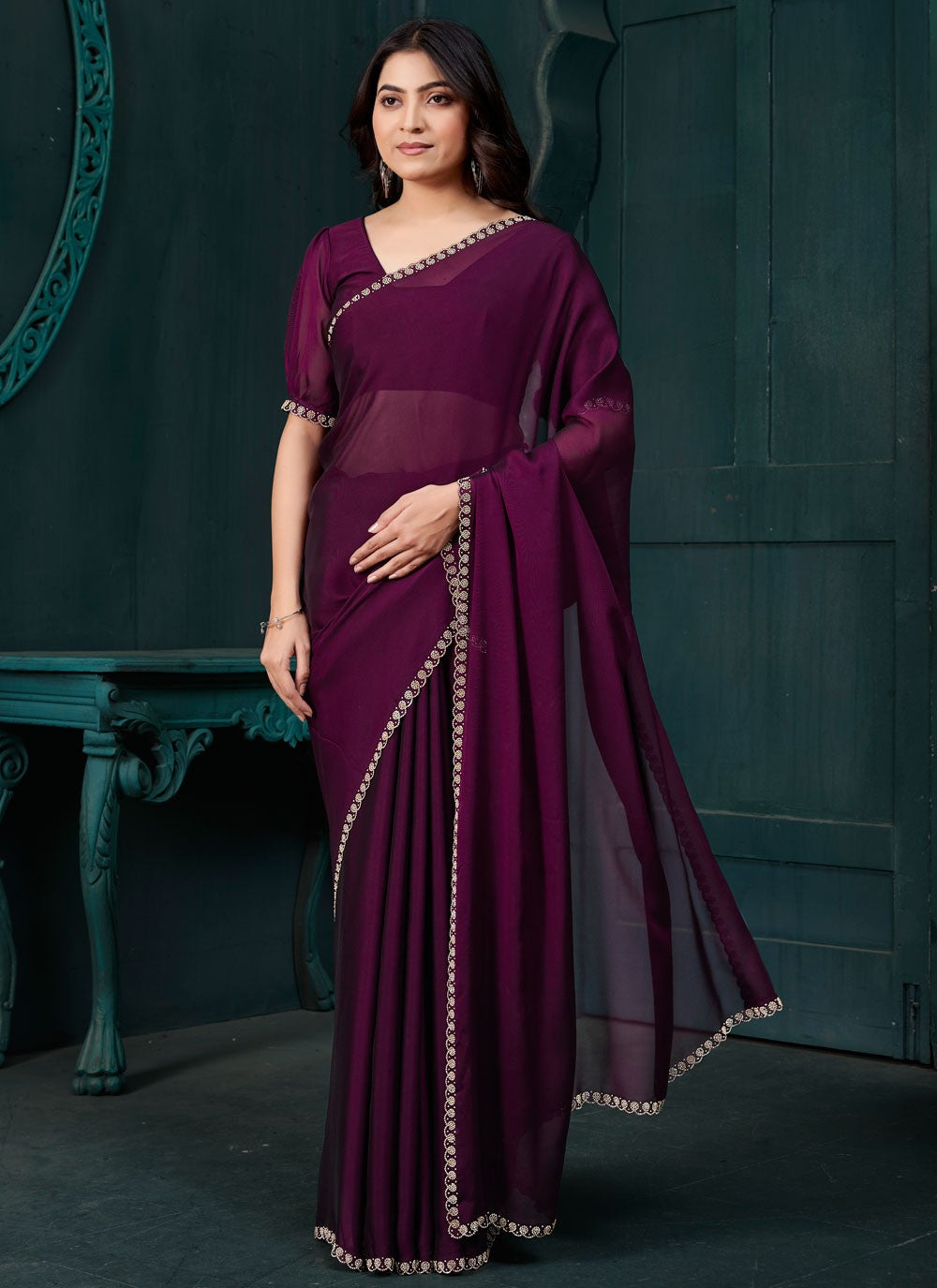 Swarovski Crepe Silk Purple Classic Saree S14892