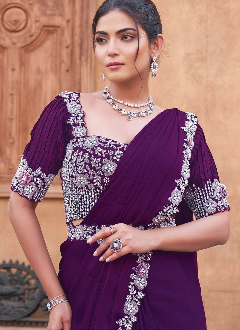 Moti Crepe Silk Purple Saree S14526