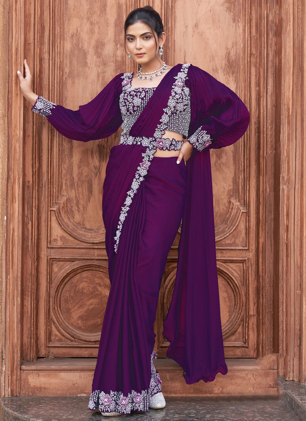 Moti Crepe Silk Purple Saree S14526