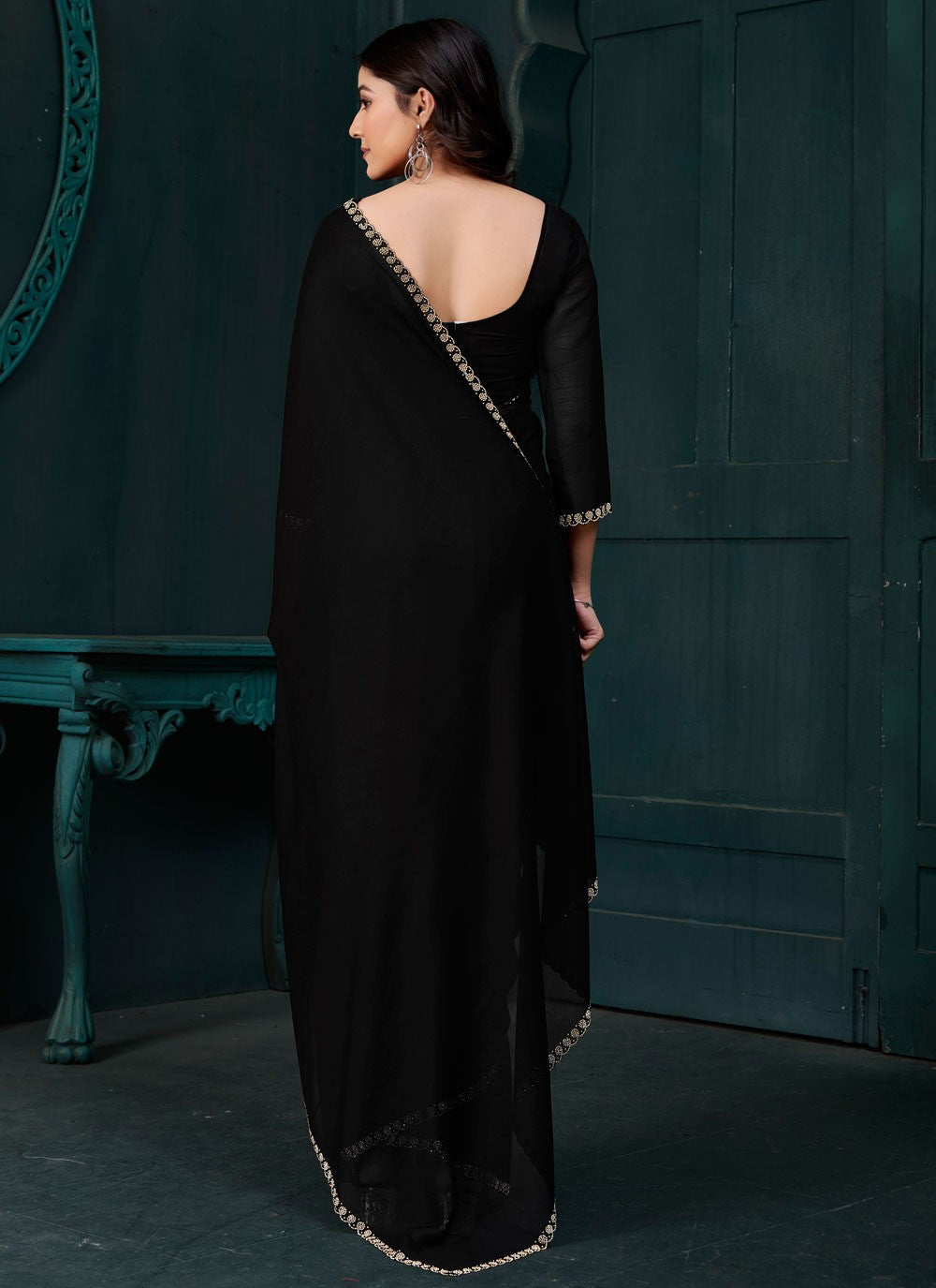 Swarovski Crepe Silk Black Designer Saree S14889