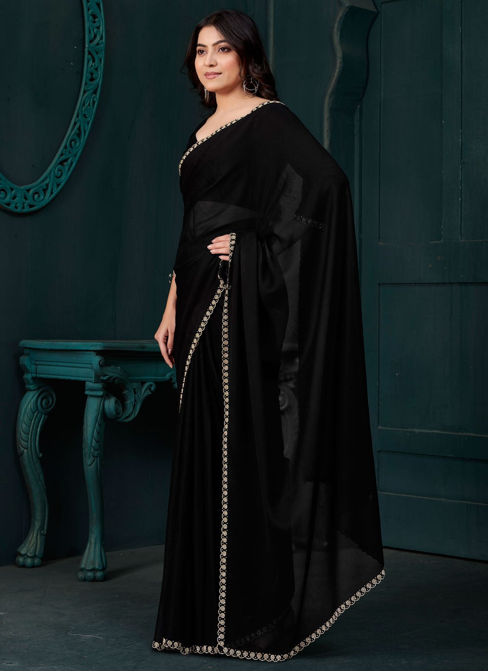 Swarovski Crepe Silk Black Designer Saree S14889