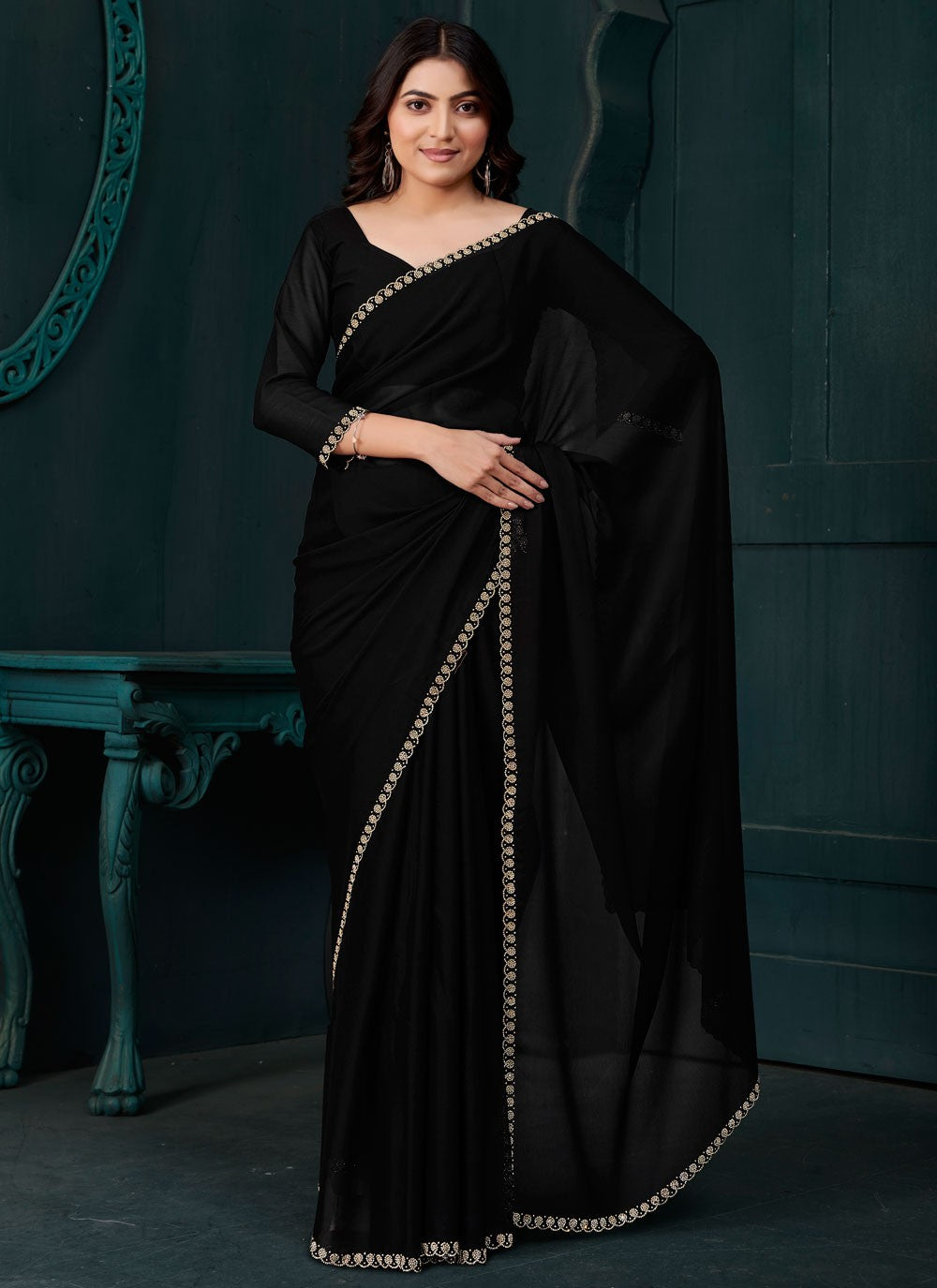 Swarovski Crepe Silk Black Designer Saree S14889