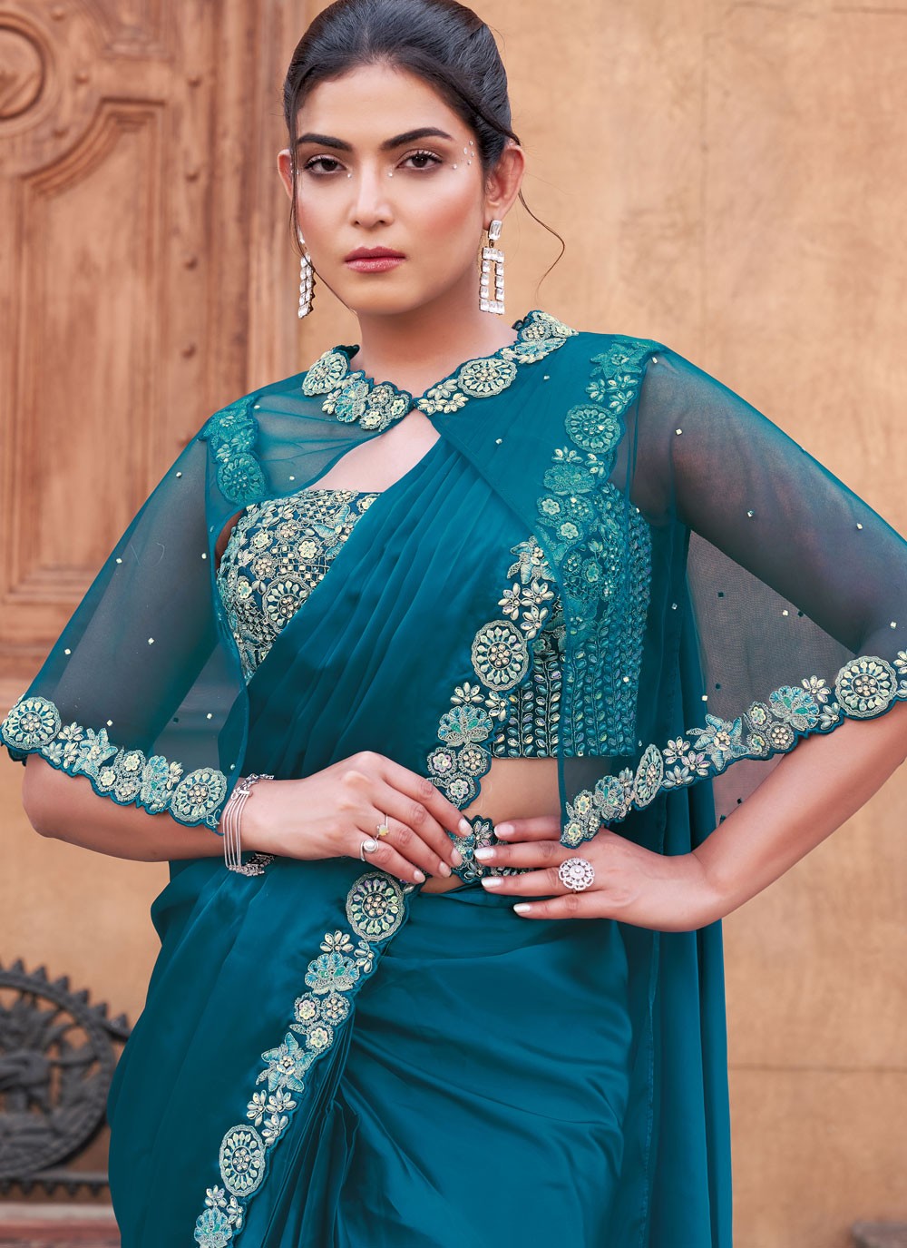 Embroidered Crepe Silk Morpeach Saree S14521