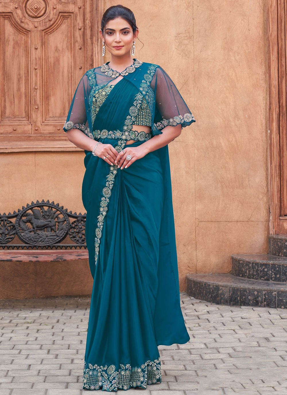 Embroidered Crepe Silk Morpeach Saree S14521