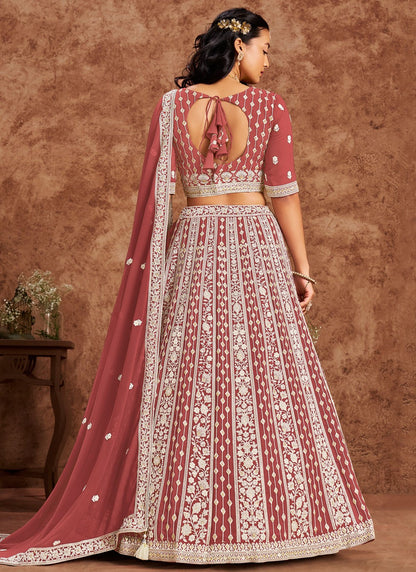 Embroidered Faux Georgette Crimson Lehenga - L3232