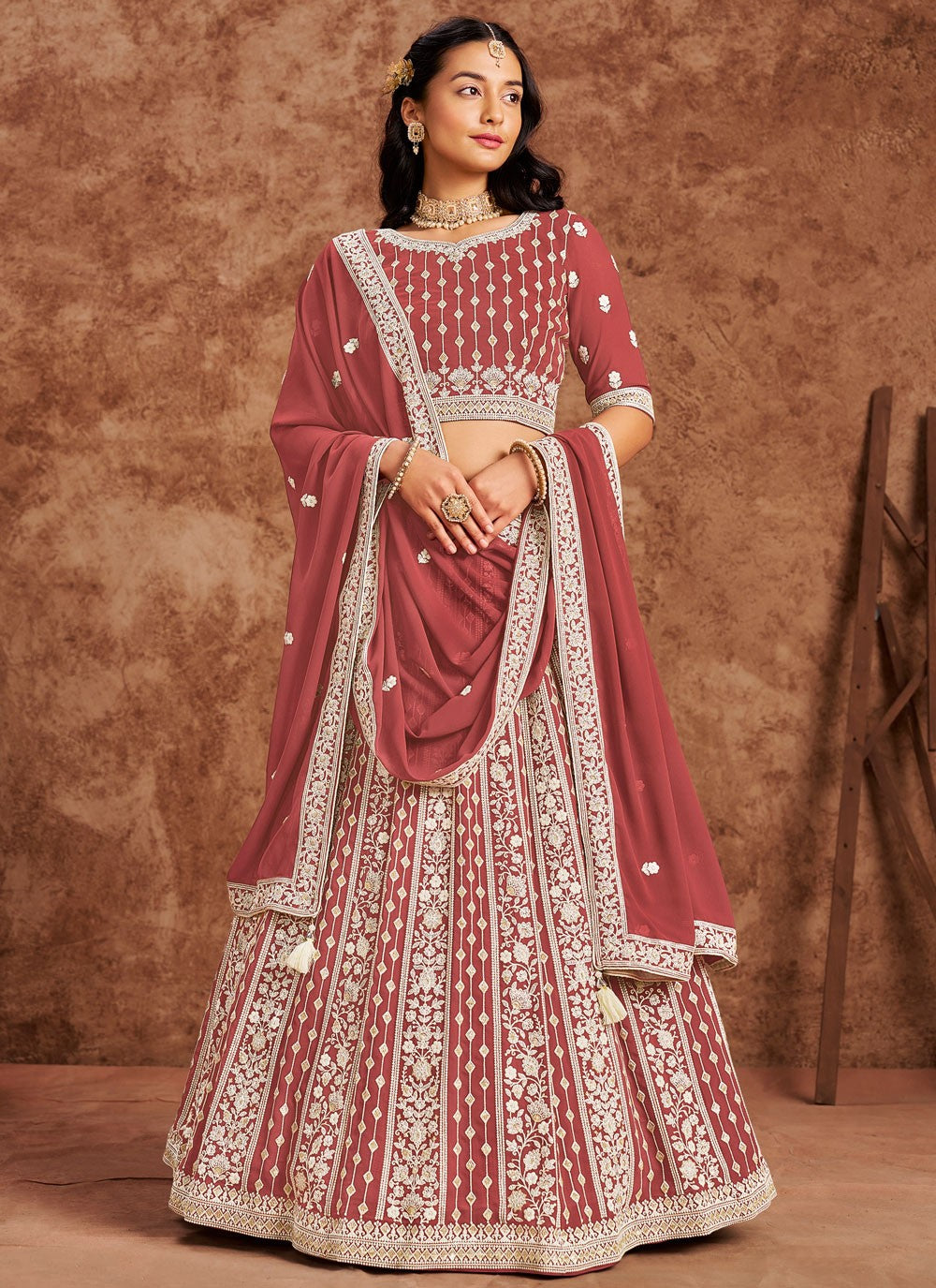 Embroidered Faux Georgette Crimson Lehenga - L3232