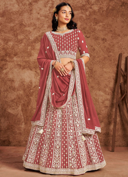 Embroidered Faux Georgette Crimson Lehenga - L3232
