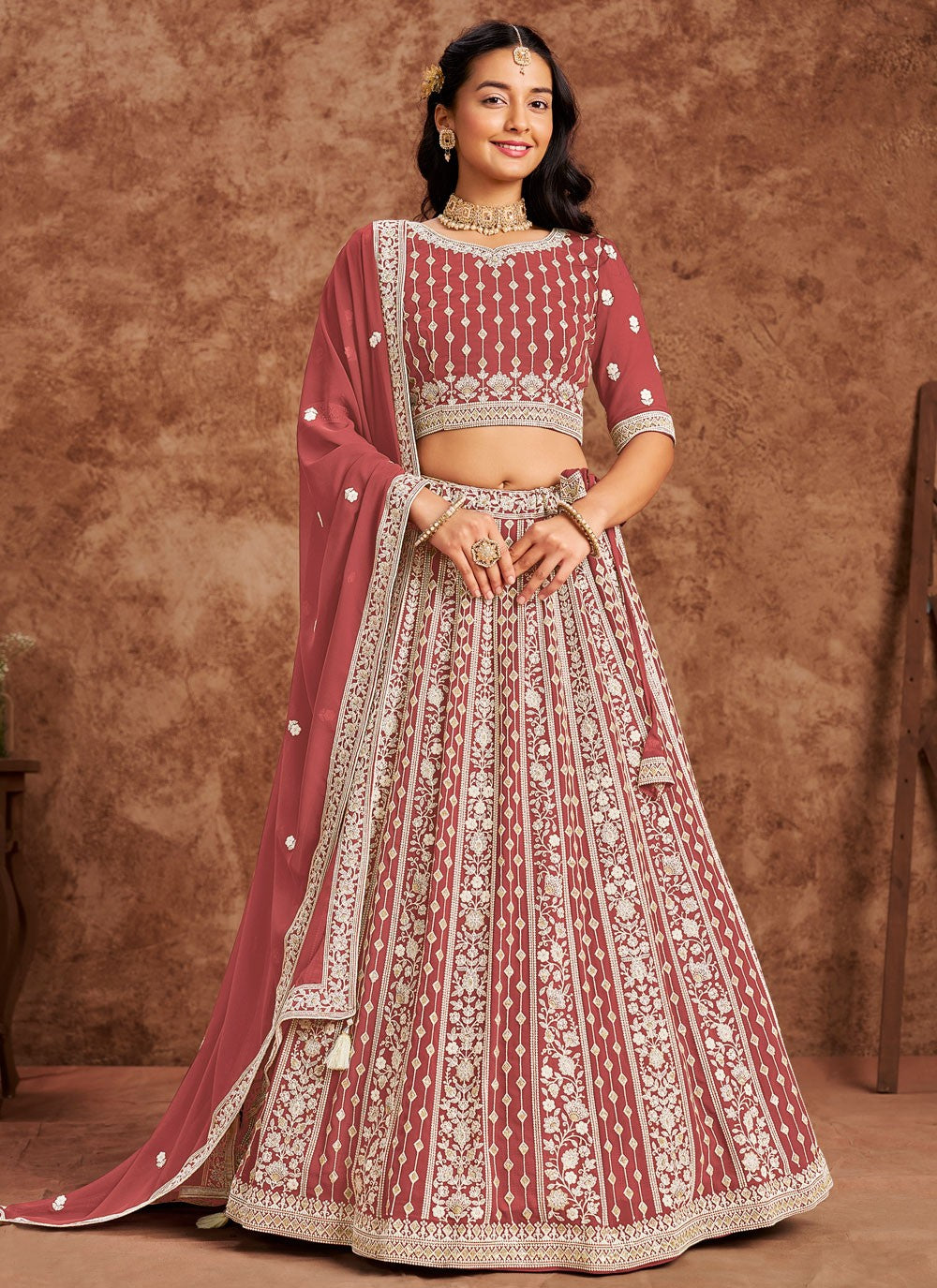 Embroidered Faux Georgette Crimson Lehenga - L3232