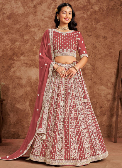 Embroidered Faux Georgette Crimson Lehenga - L3232