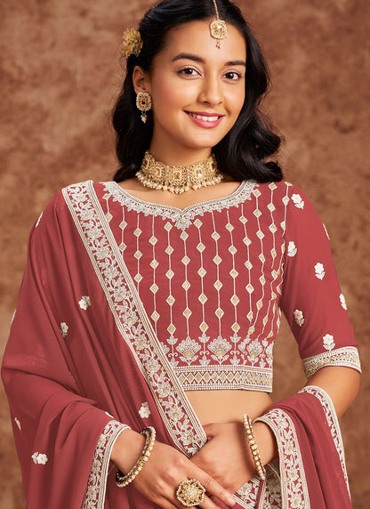 Embroidered Faux Georgette Crimson Lehenga - L3232