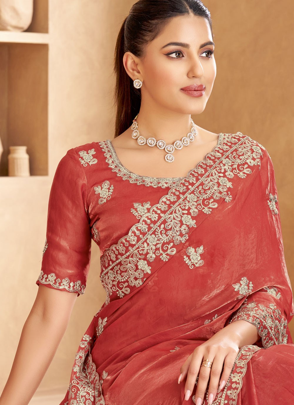Designer Cut Work Crimson Satin Saree S13360