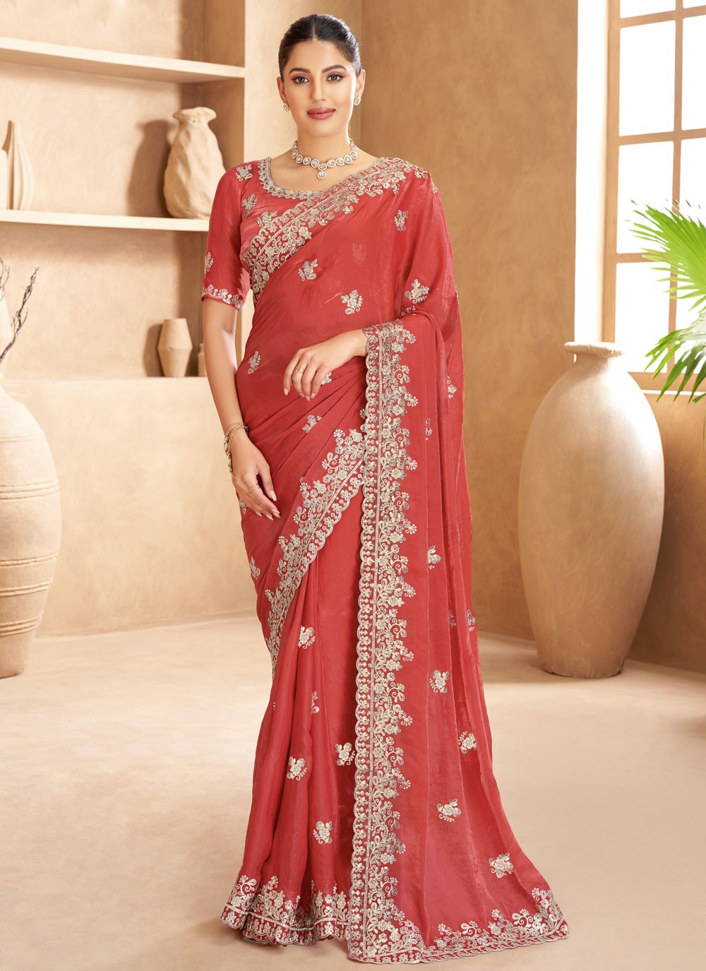 Designer Cut Work Crimson Satin Saree S13360