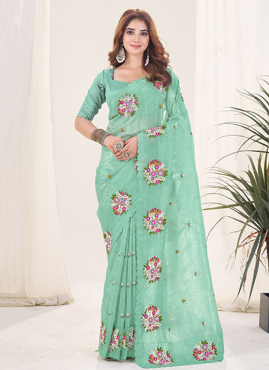 Green Crush Contemporary Saree Cut Work, Embroidered, Thread S19134