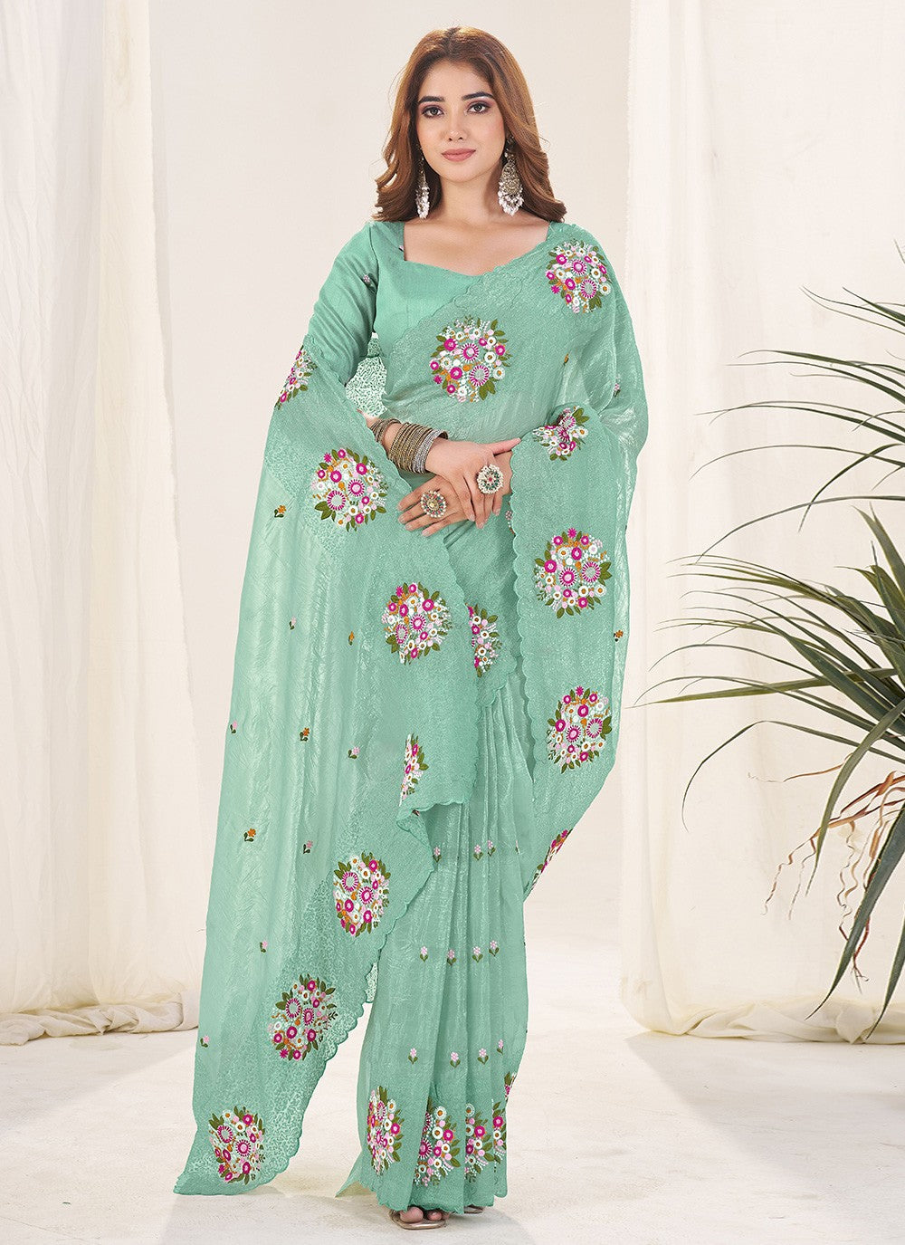 Green Crush Contemporary Saree Cut Work, Embroidered, Thread S19134
