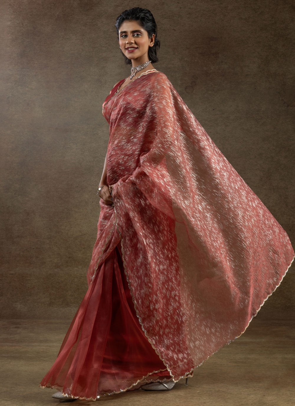 Cut Work Crush Crimson Designer Saree S15575