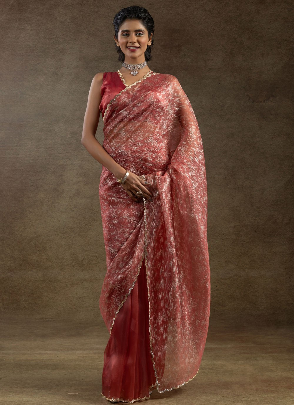 Cut Work Crush Crimson Designer Saree S15575