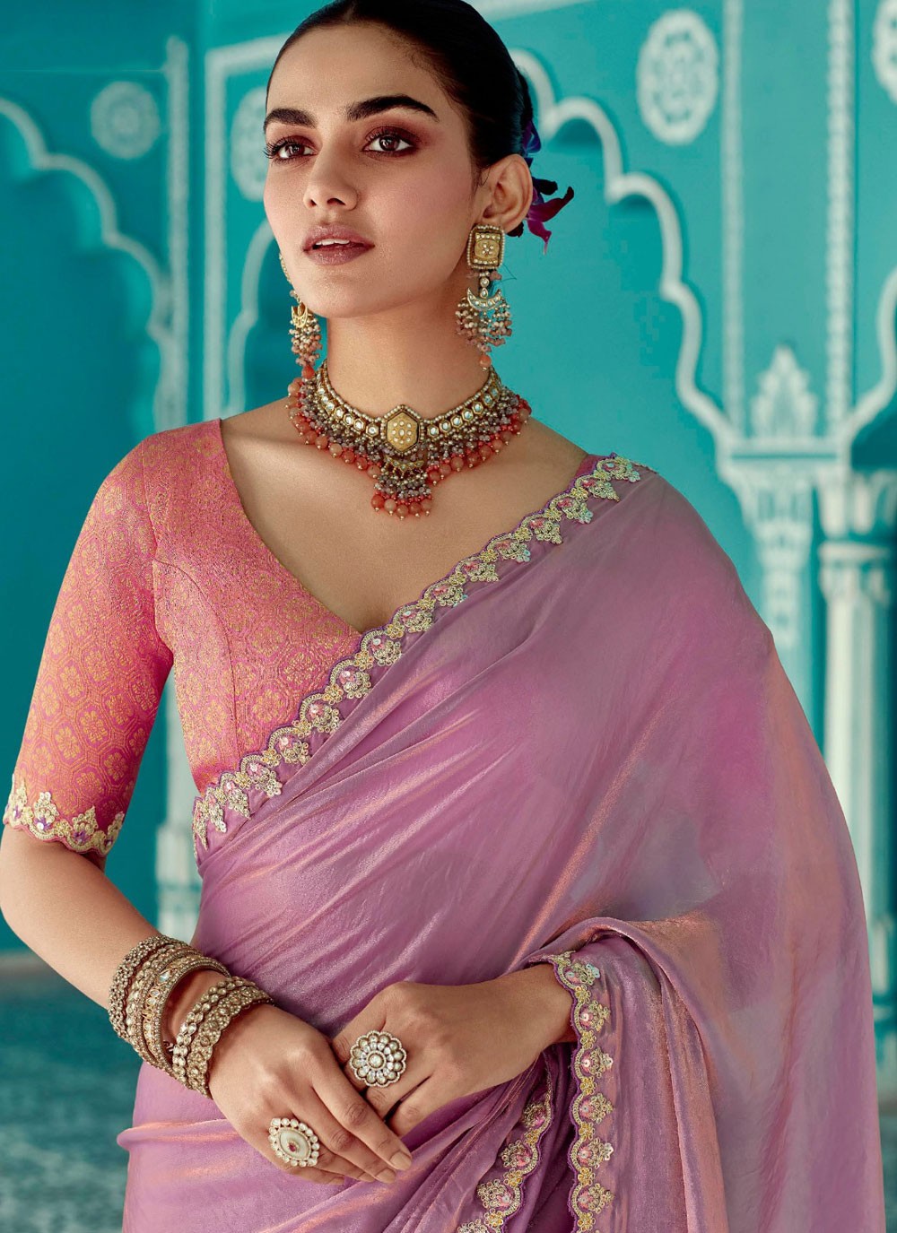 Traditional Cut Work Lavender, Pink Crush Saree S13274