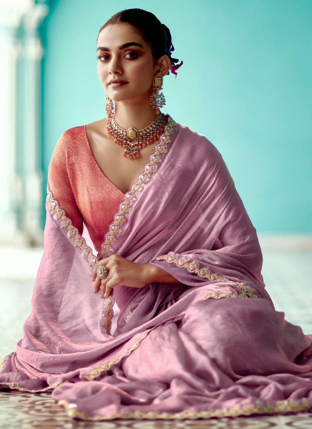 Traditional Cut Work Lavender, Pink Crush Saree S13274