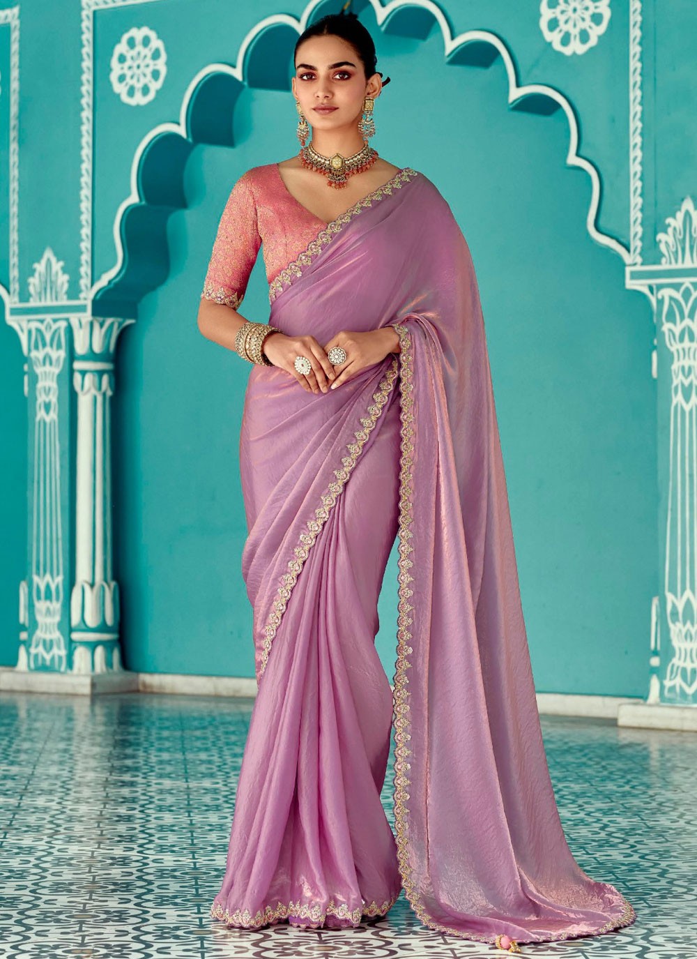 Traditional Cut Work Lavender, Pink Crush Saree S13274