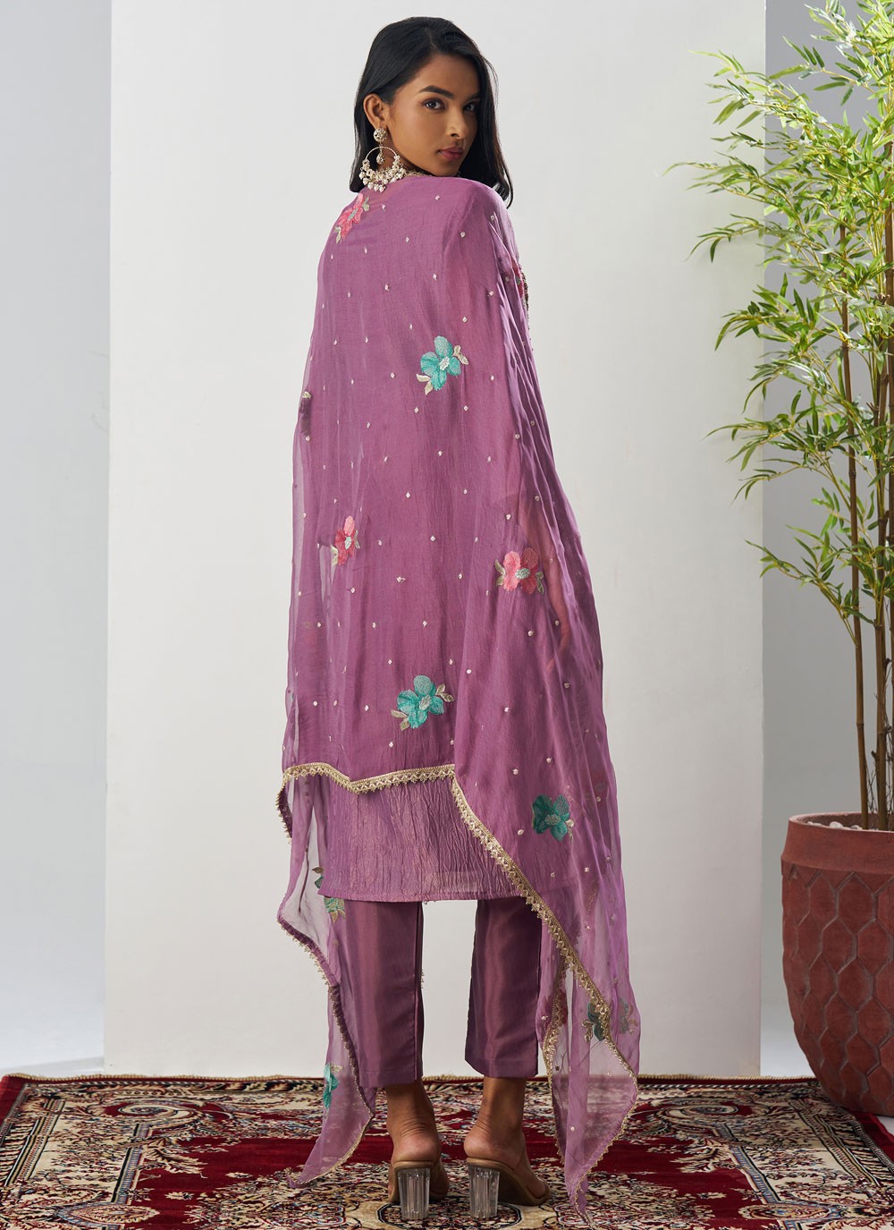 Pant Style Suit Embroidered, Fancy Work Purple T7894