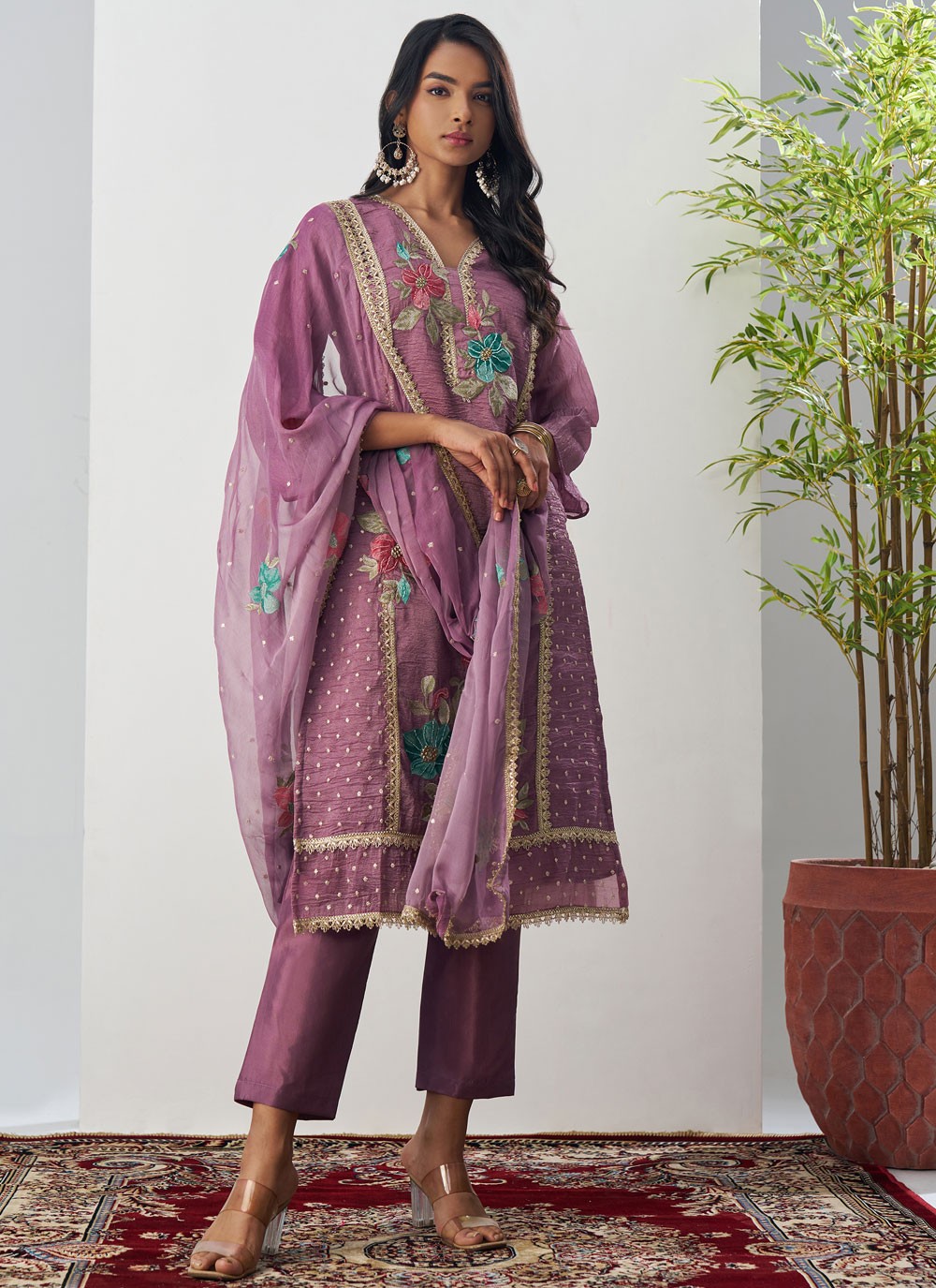 Pant Style Suit Embroidered, Fancy Work Purple T7894