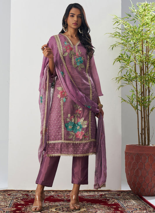 Pant Style Suit Embroidered, Fancy Work Purple T7894