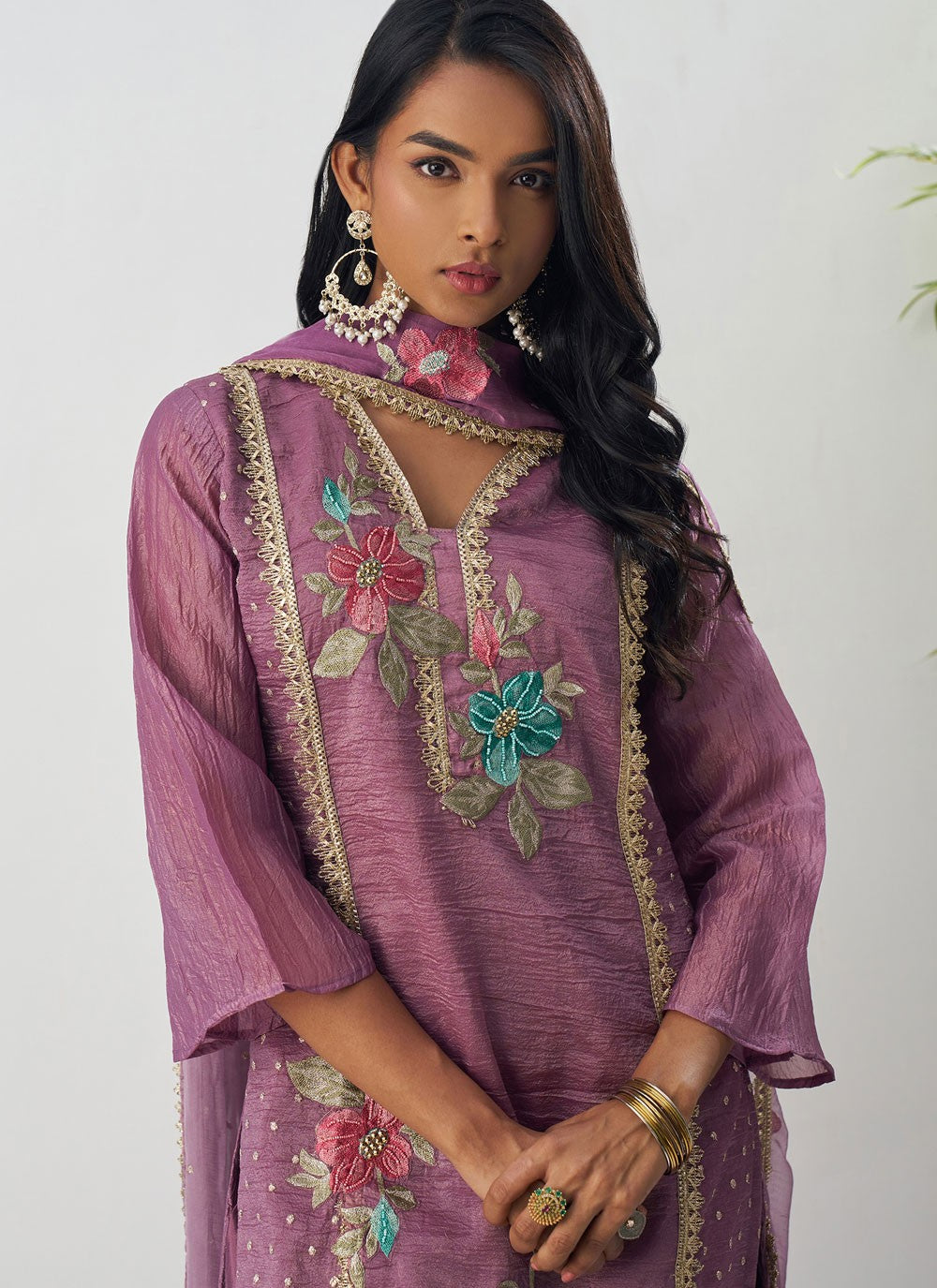 Pant Style Suit Embroidered, Fancy Work Purple T7894