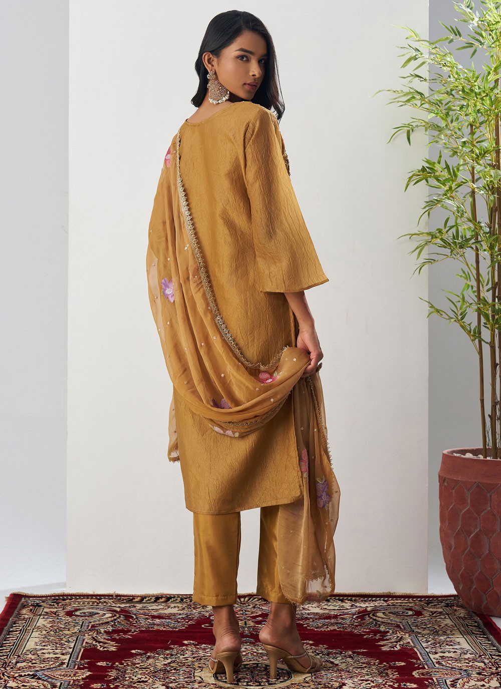 Pant Style Suit Embroidered, Fancy Work Brown T7892