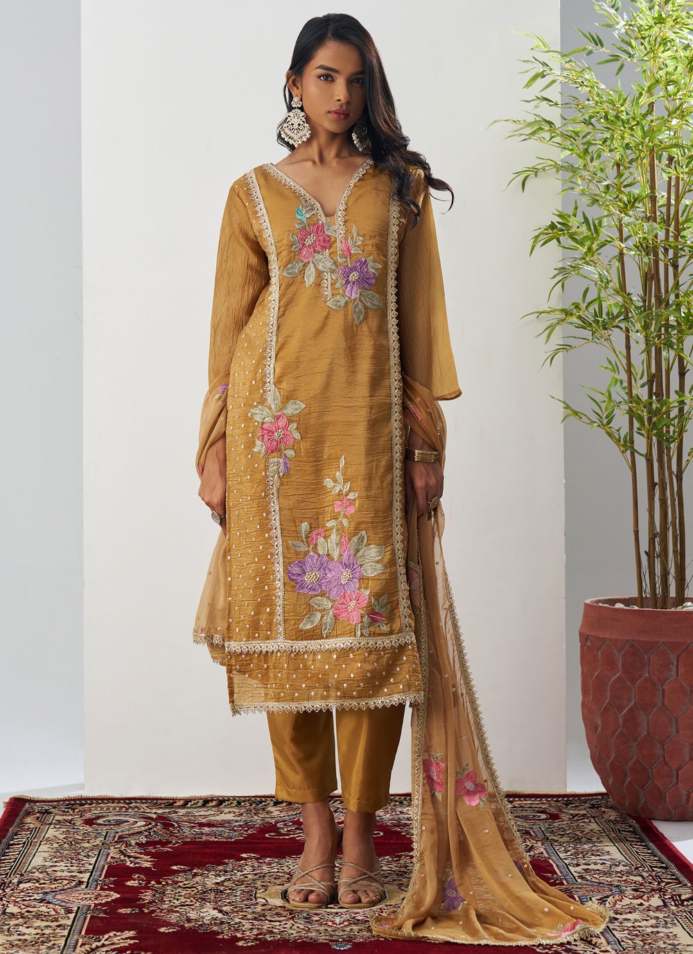 Pant Style Suit Embroidered, Fancy Work Brown T7892