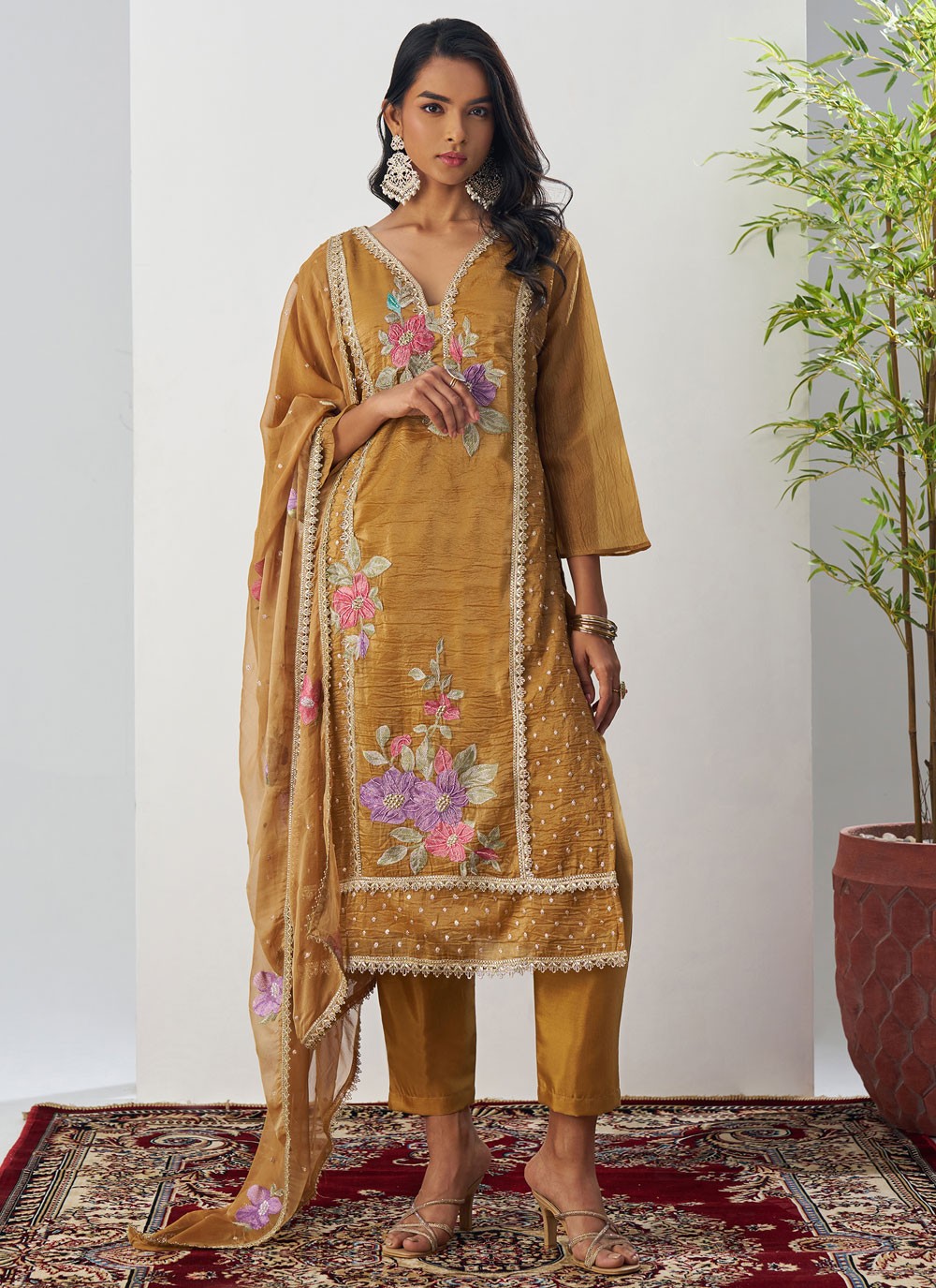 Pant Style Suit Embroidered, Fancy Work Brown T7892