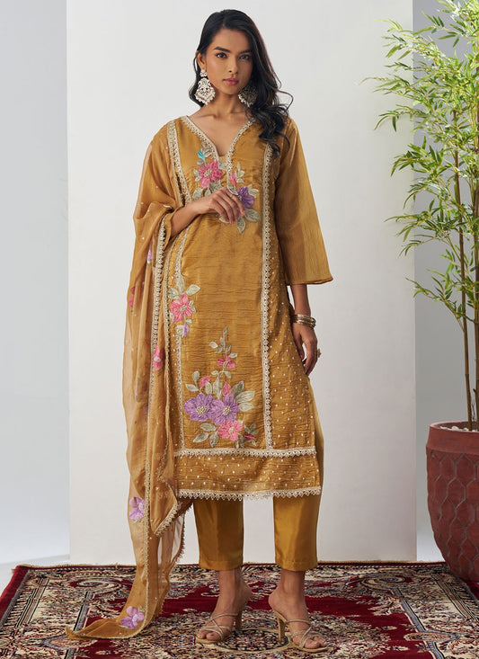 Pant Style Suit Embroidered, Fancy Work Brown T7892
