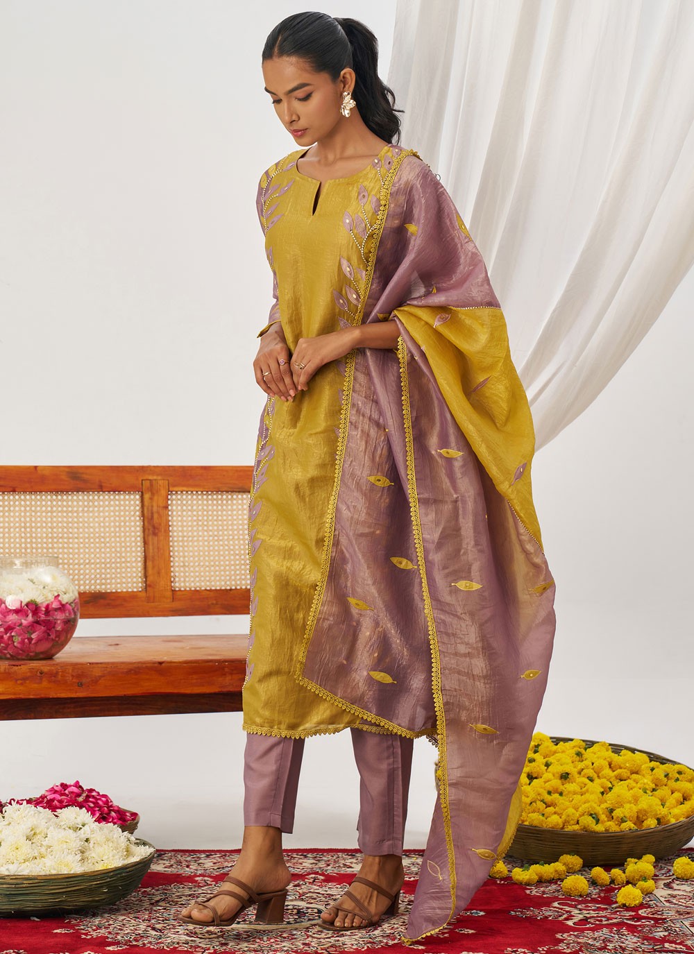 Pant Style Suit Embroidered, Fancy Work, Mirror Mustard T8233