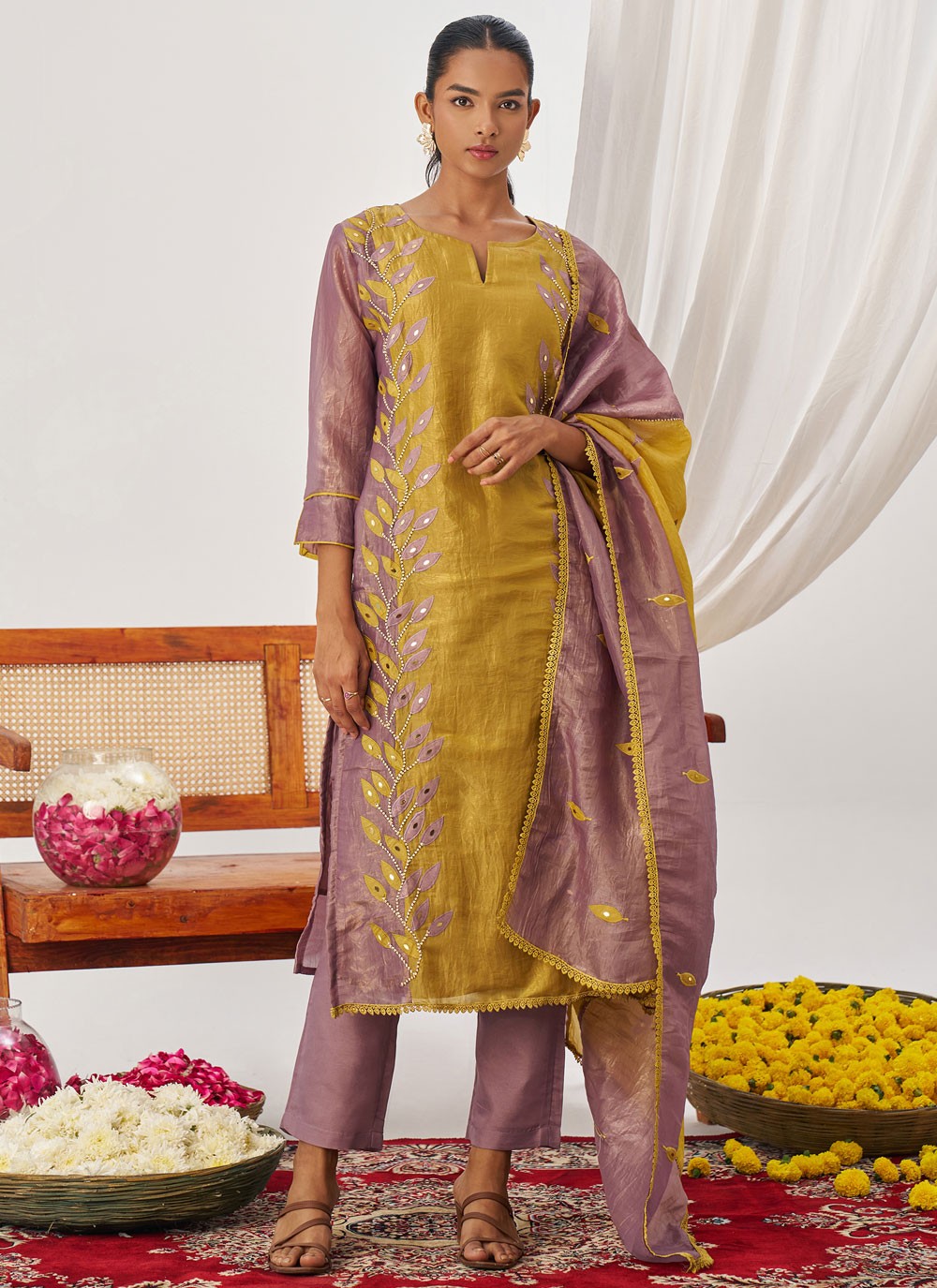 Pant Style Suit Embroidered, Fancy Work, Mirror Mustard T8233