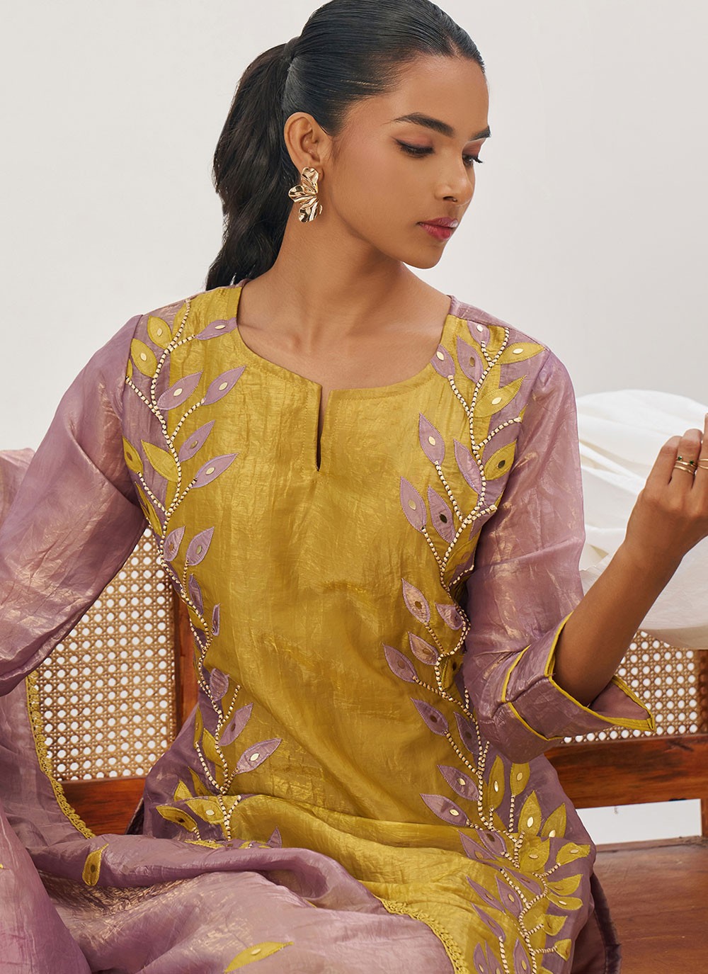 Pant Style Suit Embroidered, Fancy Work, Mirror Mustard T8233