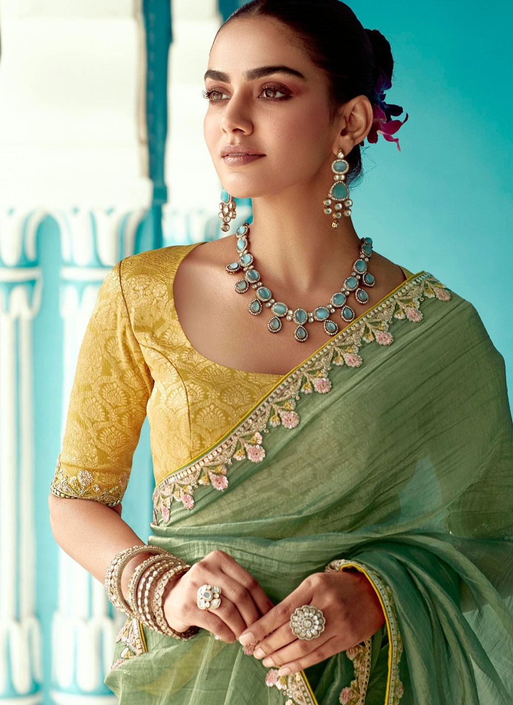 Designer Embroidered Green Crush Saree S13273
