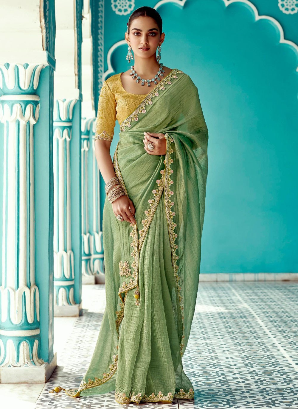 Designer Embroidered Green Crush Saree S13273