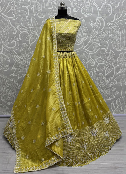 Embroidered Crush Green Lehenga - L3409
