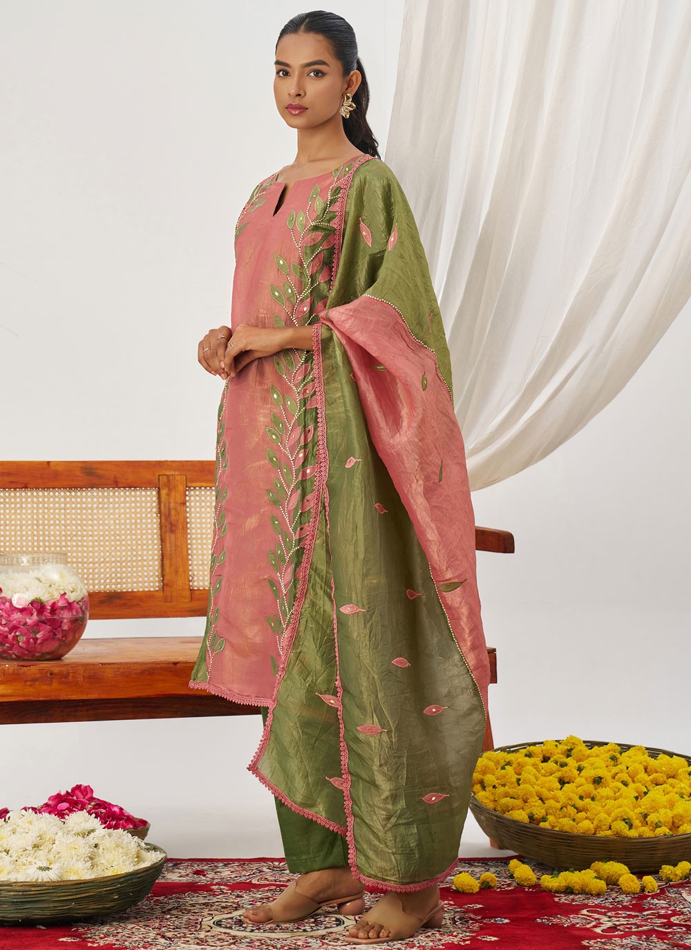 Pant Style Suit Embroidered, Fancy Work, Mirror Pink T8236