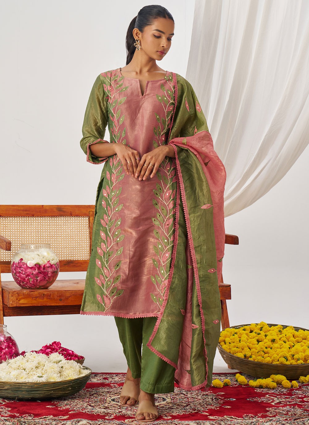 Pant Style Suit Embroidered, Fancy Work, Mirror Pink T8236