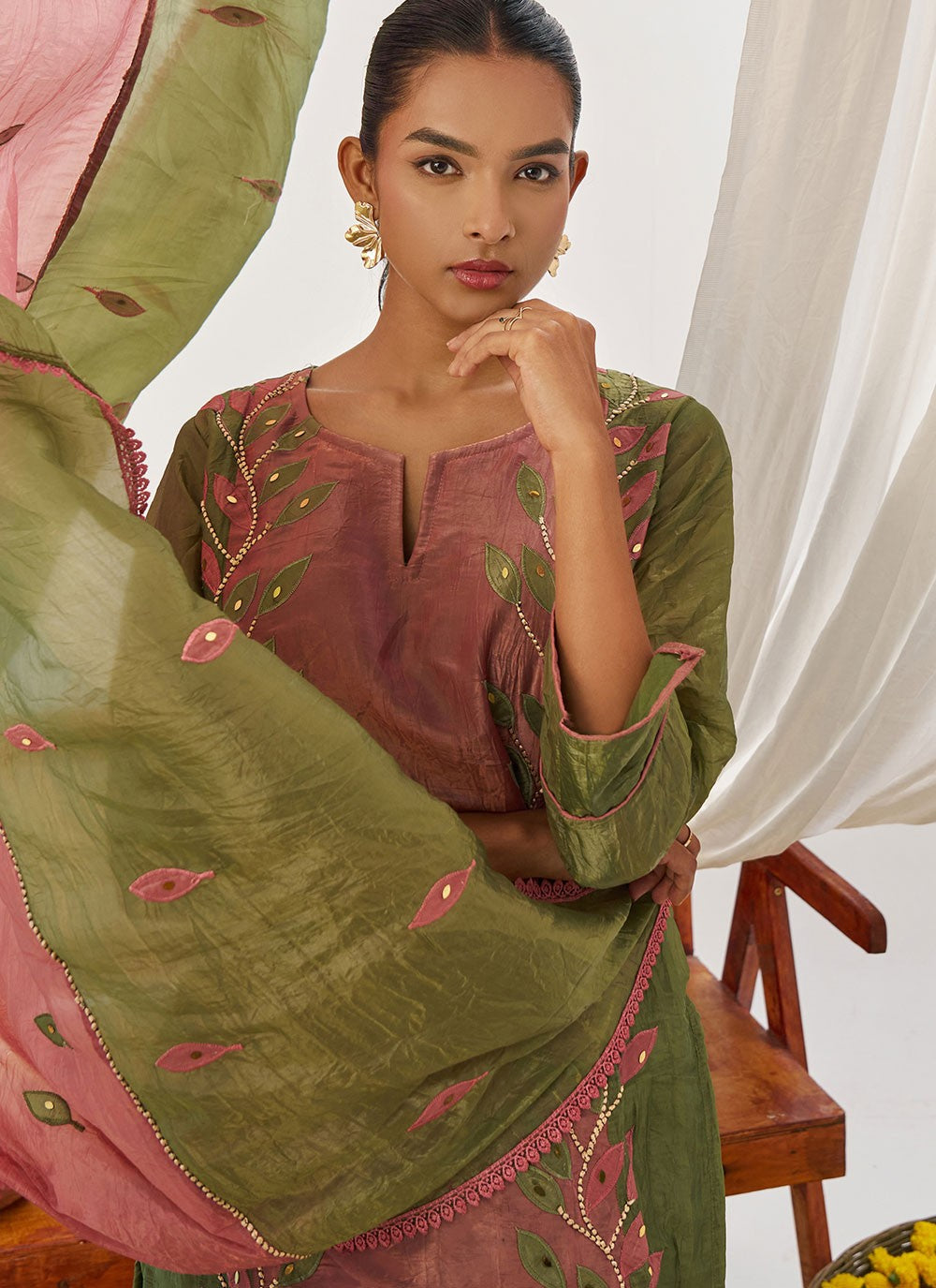 Pant Style Suit Embroidered, Fancy Work, Mirror Pink T8236