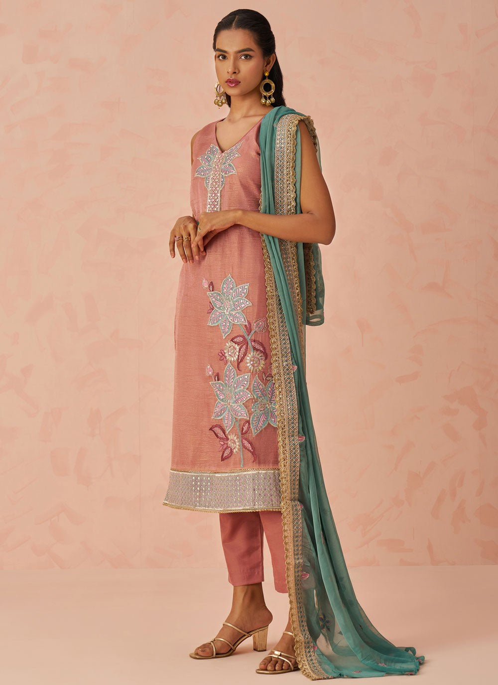 Pant Style Suit Embroidered, Sequins Pink T7241