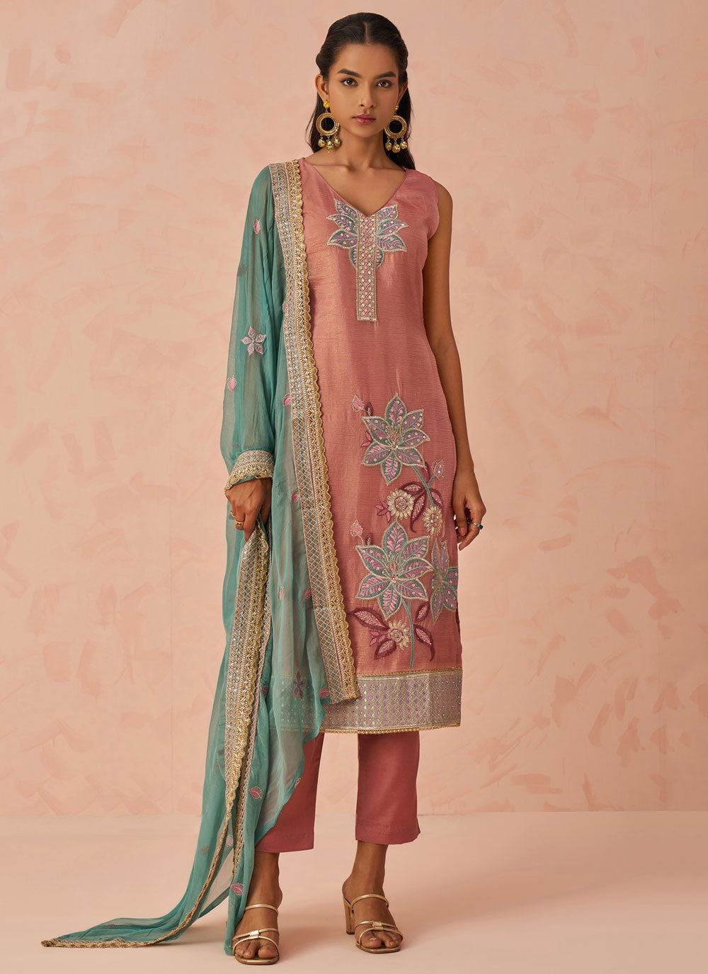 Pant Style Suit Embroidered, Sequins Pink T7241